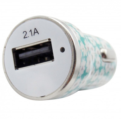 Incarcator auto Trendz Bullet Ditsy Floral, 2.1 A, port USB + cablu USB / Lightning, verde cu flori albe foto