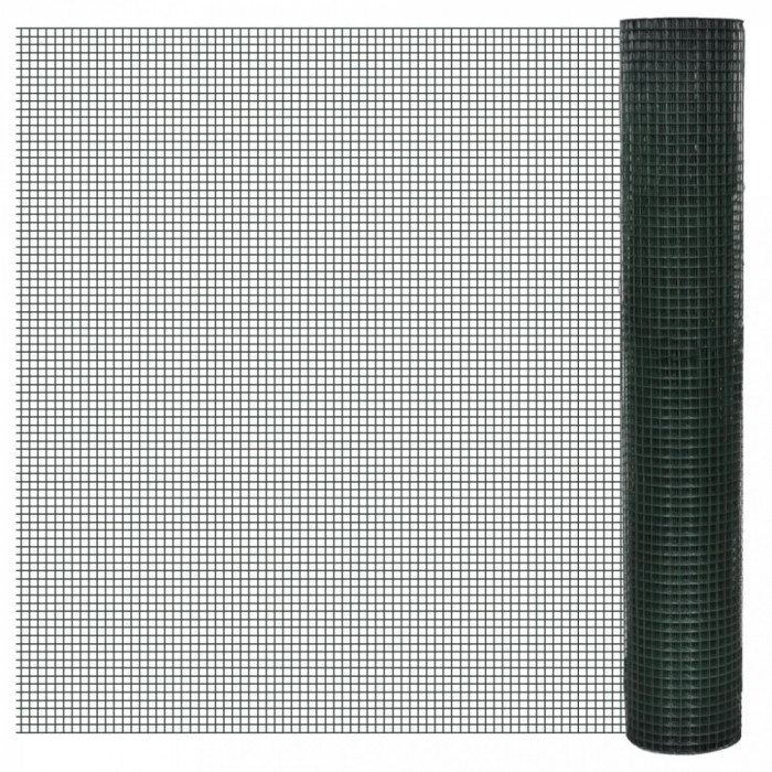 vidaXL Plasă de s&acirc;rmă găini, verde, 25 x 1 m, oțel galvanizat cu PVC