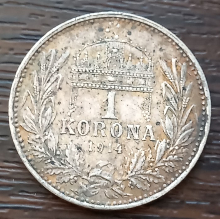 (A1001) MONEDA DIN ARGINT UNGARIA - 1 KORONA 1914 COROANA, FRANZ JOSEPH, PATINA SUPERBA