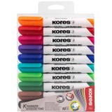 Marker Whiteboard Kores, 10 Culori, Varf 3mm, Uscare Rapida, Stergere Usoara