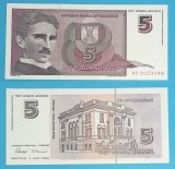 Bancnota Iugoslavia 5 Dinara 1994 Tesla UNC, Seria AC 9353348, P#148, Nicola Tesla, Hartie, 131x62 mm