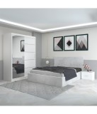 Dormitor Filip Alb, Pat Tapitat Stofa 180x200cm, Dulap 150cm, Noptiere 48cm