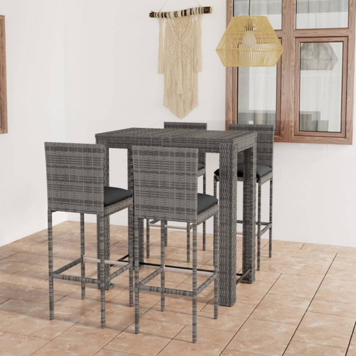 vidaXL Set mobilier bar de grădină cu perne, 5 piese, gri, poliratan 3064797