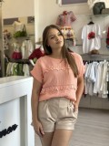 Bluza somon din bumbac cu floricele aplicate orizontal