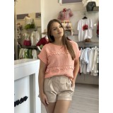 Bluza somon din bumbac cu floricele aplicate orizontal