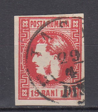 ROMANIA 1868 LP 24 CAROL I CU FAVORITI VALOAREA 18 BANI ROSU STAMPILAT