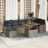 Set de 8 piese pentru gradina cu perne gri din poliratan si acacia, sofa de gradina pentru 2 persoane cu perne gri din poliratan