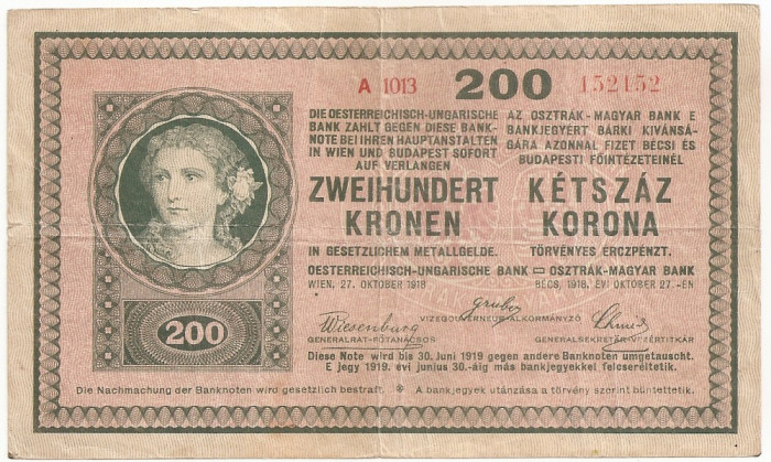 AUSTRIA UNGARIA 200 KRONEN KORONA 1918 F RADAR