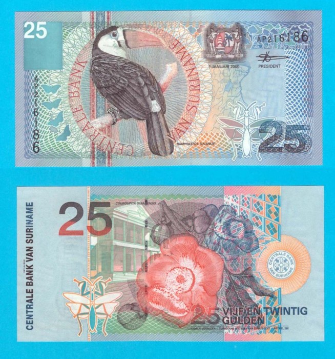 Surinam (p#148) 25 Gulden 2000 UNC &#039;Toucan&#039; serie: AP2161xx