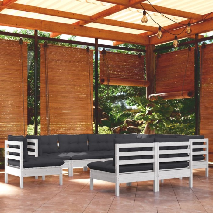 vidaXL Set mobilier de grădină cu perne, 9 piese, alb, lemn masiv pin 3096744