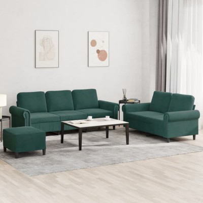 vidaXL Set de canapele cu perne, 3 piese, verde &amp;icirc;nchis, catifea foto
