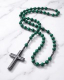 Rozariu Colier Margele Malachit Verde cu Cruce Hematit Barbati cod R48CLA2