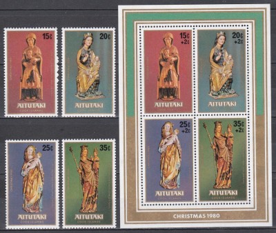 Aitutaki (Cook Islands) 1980 - Crăciun - Sculpturi &amp;bdquo;Fecioara și Pruncul&amp;rdquo; din sec. XII-XV, Serie + Colita, MNH foto