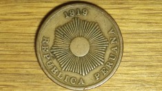 Peru - moneda colectie foarte greu de gasit - 2 centavos 1919 bronz - an unic de batere