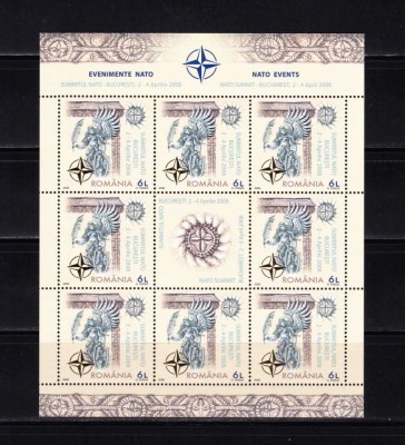 ✅RO 2008 LP 1798b &amp;quot;Summitul NATO Buc. &amp;quot; , minicoala de 8+vinieta/folio aur , MNH foto