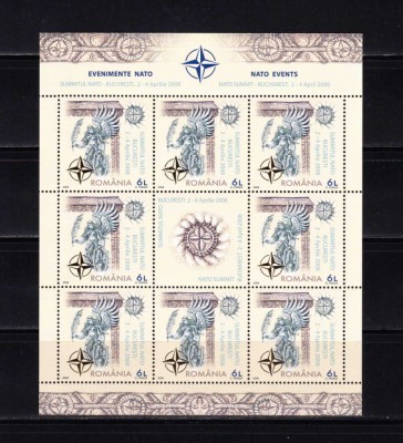 RO 2008 LP 1798b &amp;quot;Summitul NATO Buc. &amp;quot; , minicoala de 8+vinieta/folio aur , MNH foto