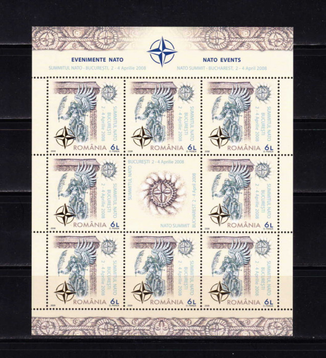✅RO 2008 LP 1798b &quot;Summitul NATO Buc. &quot; , minicoala de 8+vinieta/folio aur , MNH
