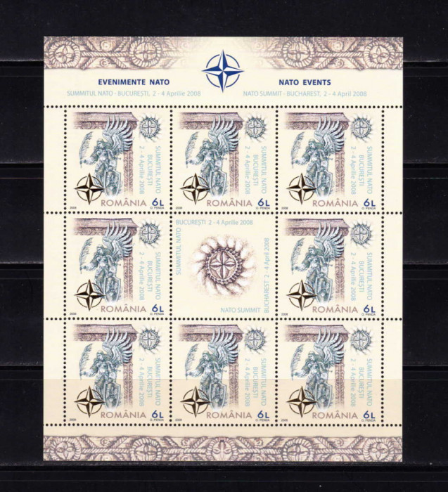 RO 2008 LP 1798b &quot;Summitul NATO Buc. &quot; , minicoala de 8+vinieta/folio aur , MNH