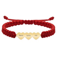 Bratara personalizata snur impletit cu trei inimi din argint 925 placat cu aur galben 24K