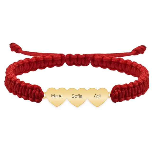 Bratara personalizata snur impletit cu trei inimi din argint 925 placat cu aur galben 24K
