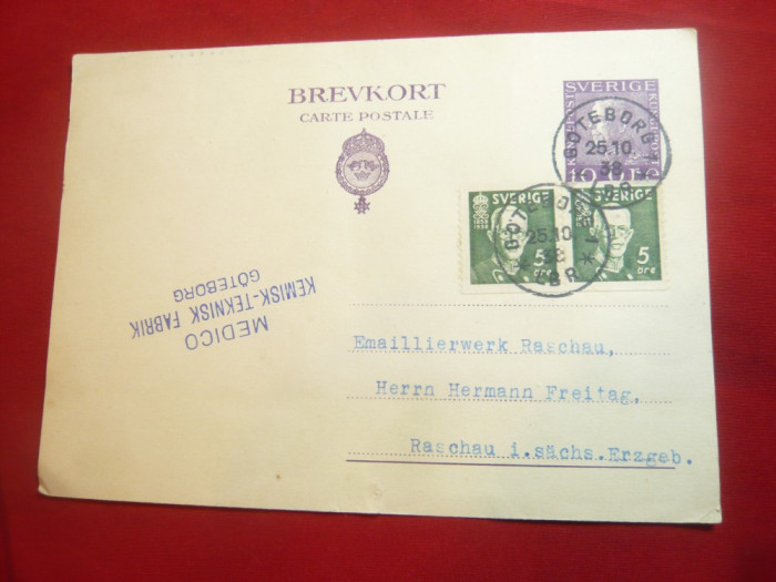 Carte Postala suedeza cu marca fixa 10 ore si 2x5 ore verde Rege Gustav 1938 ,co