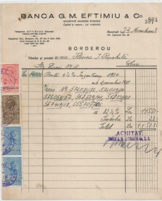 Romania, Banca G.M. Eftimiu &amp;amp; Co, Borderou (I), Bucuresti, 1938 foto