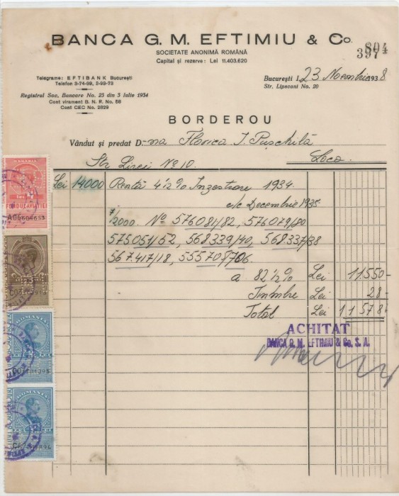 Romania, Banca G.M. Eftimiu &amp; Co, Borderou (I), Bucuresti, 1938