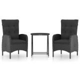 Set mobilier bistro gradina, 3 piese, negru, poliratan/sticla