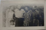 Fotografie tip Carte postala, Patru barbati si un copil, Tecuci 1957