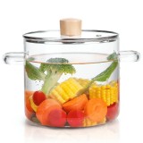 Oala din sticla borosilicata 2L pentru aragaz, cu capac si manere Koken, Rezistenta termica 130 &deg;C, Cratita Durabila, Sticla Transparenta/Lemn