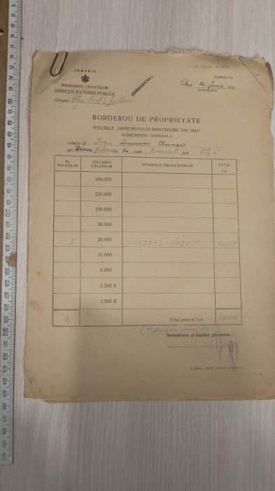 ACT TIPIZAT 1941 - CHITANTA IMPRUMUTUL REINTREGIRII