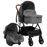 Carucior copii 3 in 1 vidaXL, gri deschis/negru, cadru otel, scaun reglabil + auto, copertina UV, cos depozitare, pliabil, max 15kg