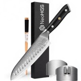 Cutitul Bucatarului Santoku, Cutit Profesional NeoHGS, Otel de Damasc, HRC 60, Lungimea Lamei 18 cm, 66 Straturi, Cutie Inclusa, Calire Vacum, Antiade