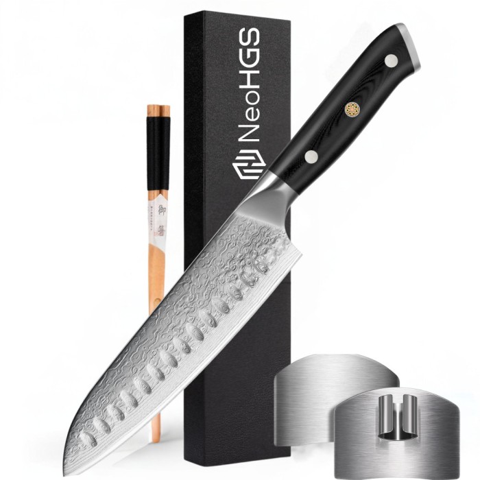 Cutitul Bucatarului Santoku, Cutit Profesional NeoHGS, Otel de Damasc, HRC 60, Lungimea Lamei 18 cm, 66 Straturi, Cutie Inclusa, Calire Vacum, Antiade