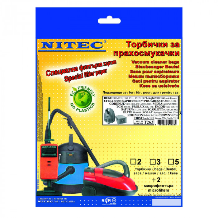 Set saci aspirator Nitec T263, saci 5 buc, microfiltre 2 buc, Gri