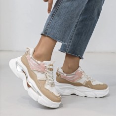 Pantofi sport dama cu insertii stralucitoare, Alb/Bej/Roz - 38
