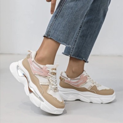 Pantofi sport dama cu insertii stralucitoare, Alb/Bej/Roz - 38 foto