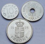 Set 3 monede 10, 25 ore , 1 krone 1975 Danemarca, unc, Europa