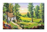 Cumpara ieftin Tablou peisaj de vara cu flori colorate pictat manual, La casuta din padure, 120x80cm ulei pe panza, Constantin Feraru