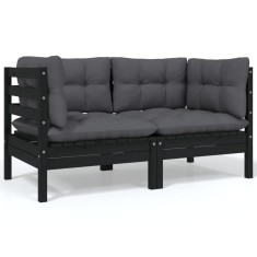 vidaXL Canapea de grădină cu 2 locuri, cu perne, negru, lemn masiv pin 806650