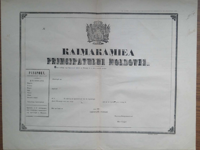 Moldova anii 1850 pasaport Kaimakamie in rom&acirc;nește litere slavone pt tari vecine