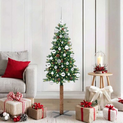 vidaXL Brad de Crăciun subțire Verde 150 cm PVC și lemn de PIN masiv 3394856 foto