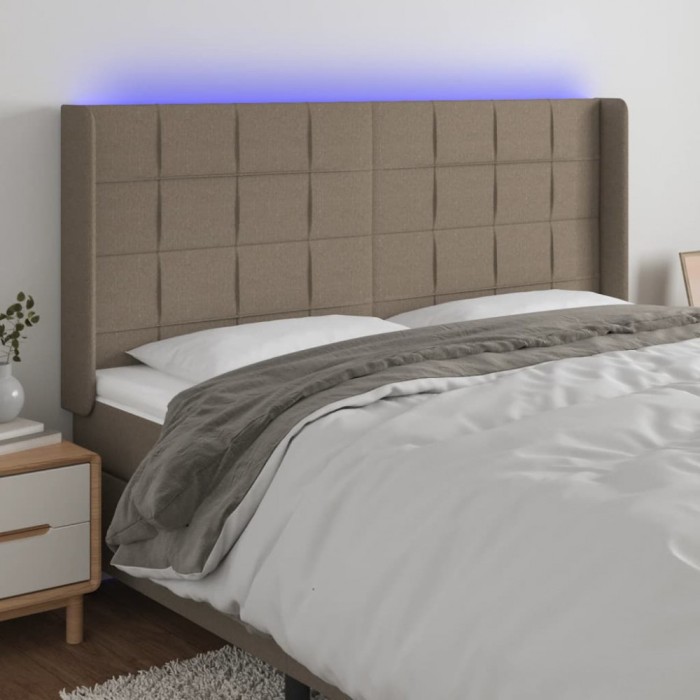 vidaXL Tăblie de pat cu LED, gri taupe, 183x16x118/128 cm, textil 3124066