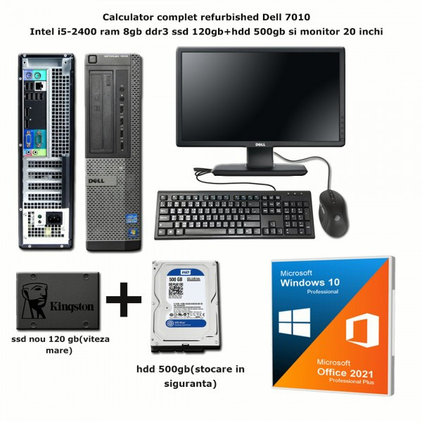 Calculator complet refurbished Dell 7010 cpu i5-2400 ram 8gb ddr3 ssd 120gb+ hdd 500gb 20 inchi Windows 10 si Office 2021