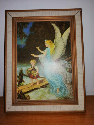 Tablou religios cu inger de paza pazitor copil fetita art print pe placaj lemn foto