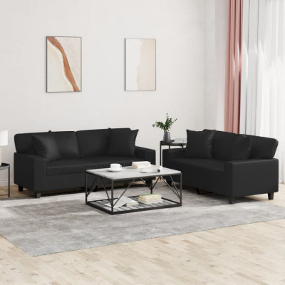 Set de canapele cu perne, 2 piese, negru, piele ecologică foto