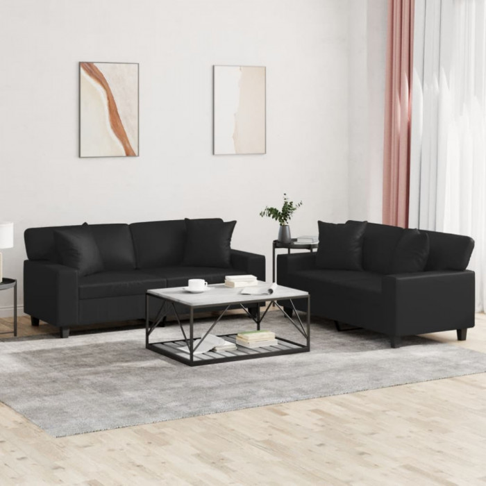 Set de canapele cu perne, 2 piese, negru, piele ecologică