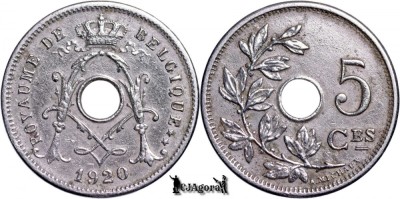 1920, 5 Centimes - Albert I - Regatul Belgiei - inscripție franceză foto