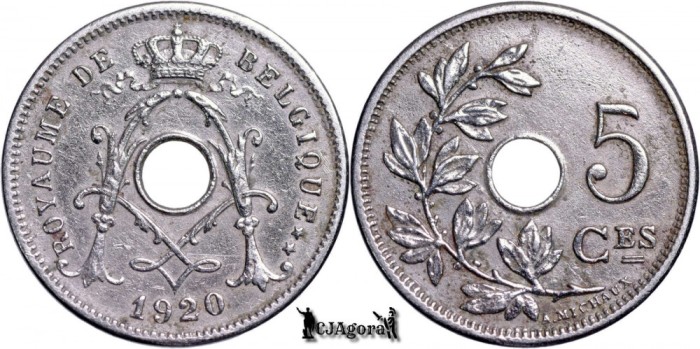 1920, 5 Centimes - Albert I - Regatul Belgiei - inscripție franceză