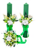 Set Lumanari si buchet pentru nunta, alb-verde, personalizabile cu nume si data, Plante Uscate ,Bumbac, Aranjament Frontal - Eventissimi, Eventissimi&reg;